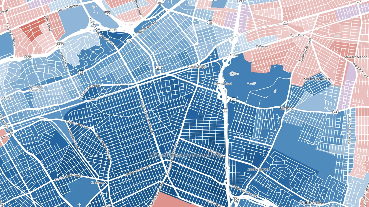 11429, NY block-group political-lean map
