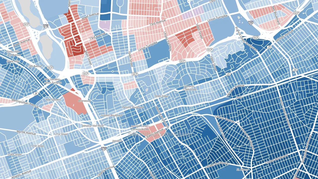 11432, NY block-group political-lean map