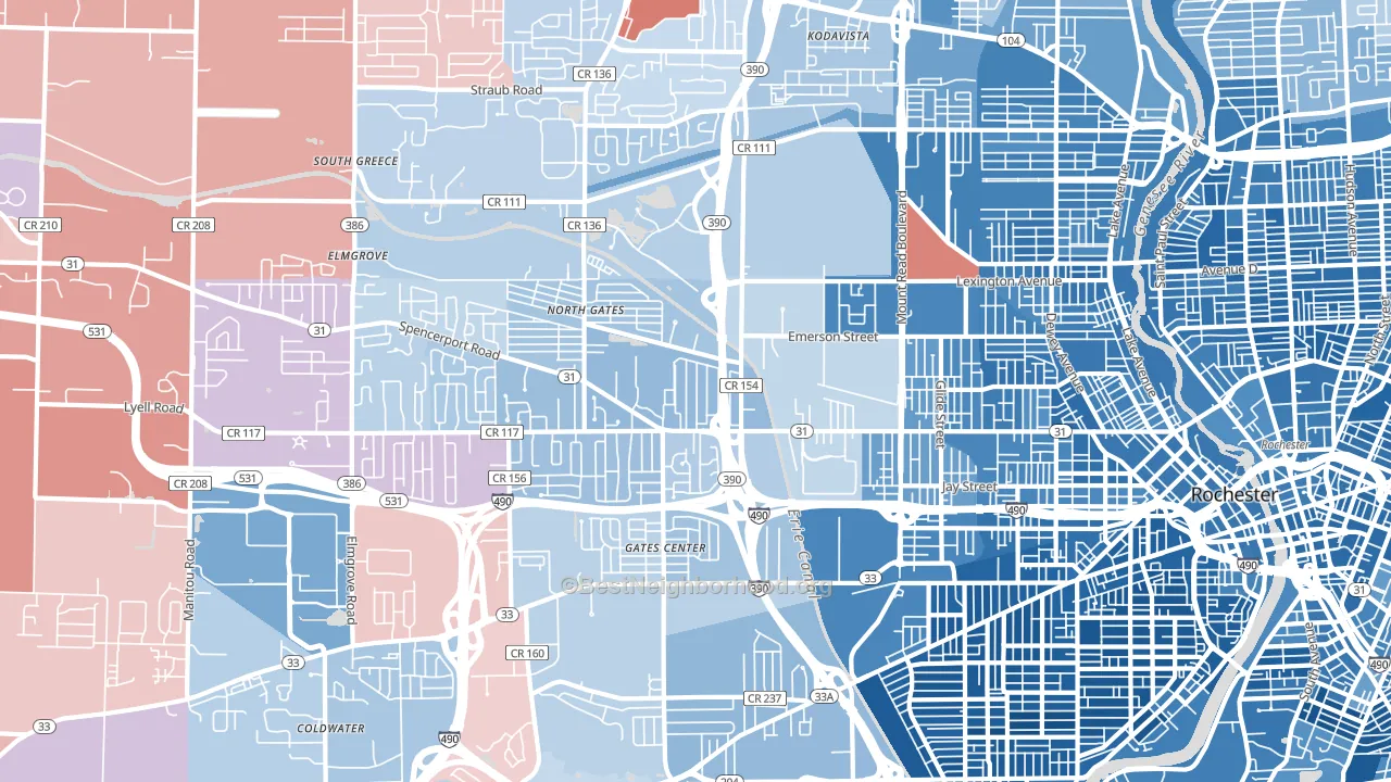 14606, NY block-group political-lean map