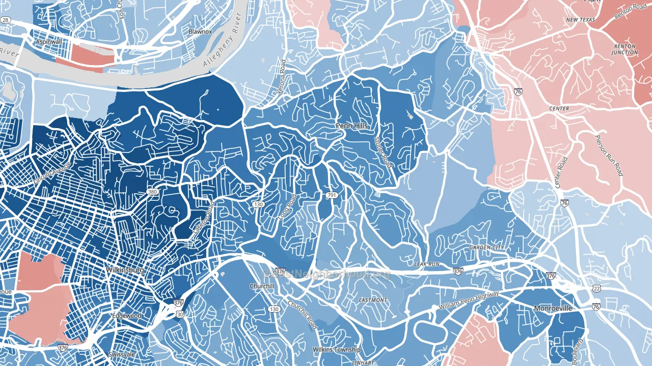 15235, PA block-group political-lean map