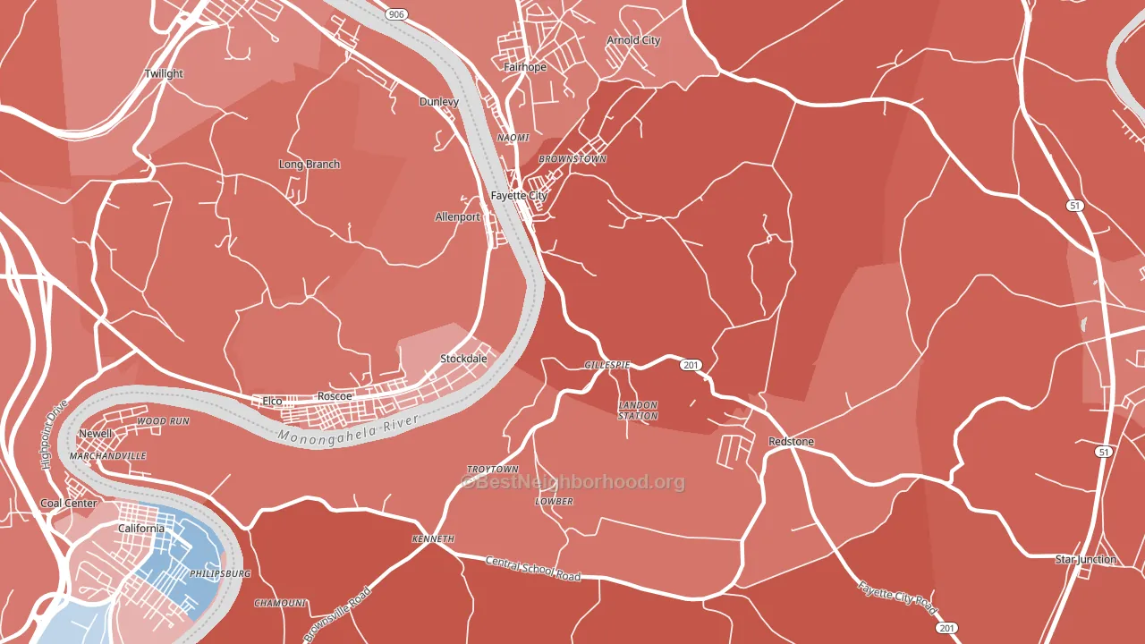 15438, PA block-group political-lean map