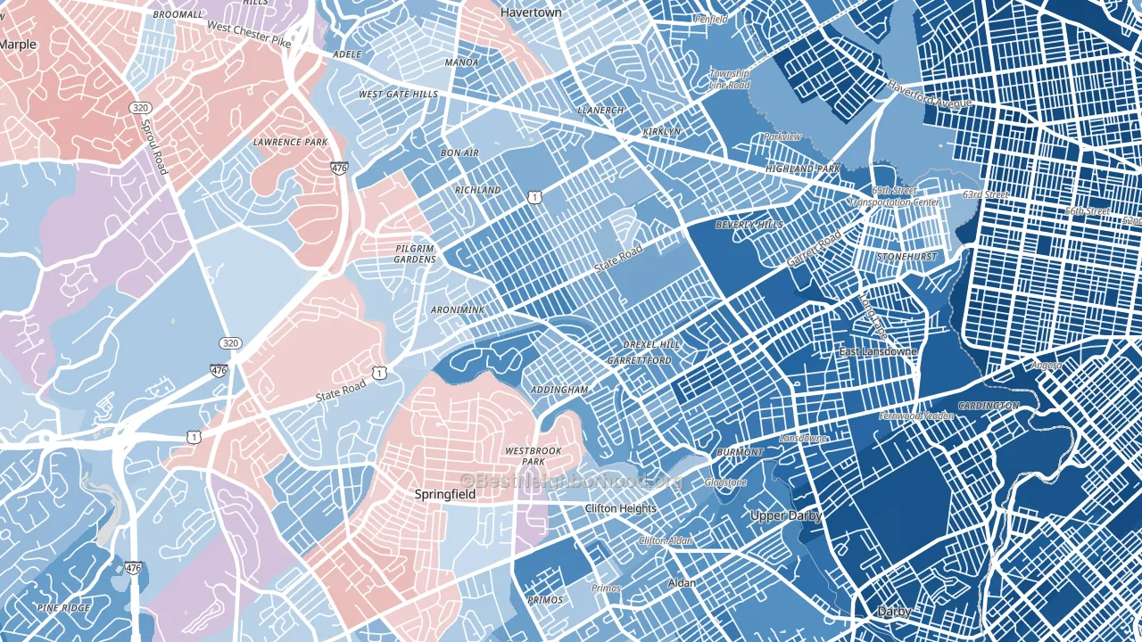 19026, PA block-group political-lean map