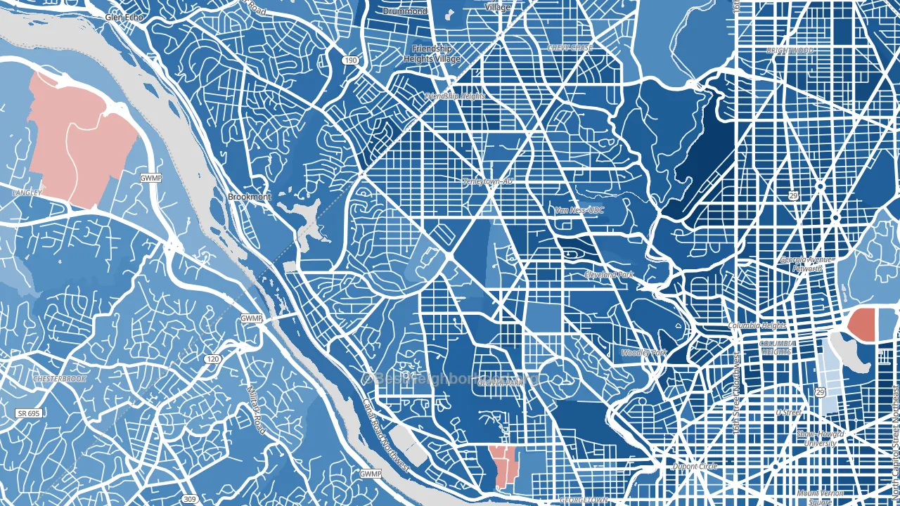 20016, DC block-group political-lean map