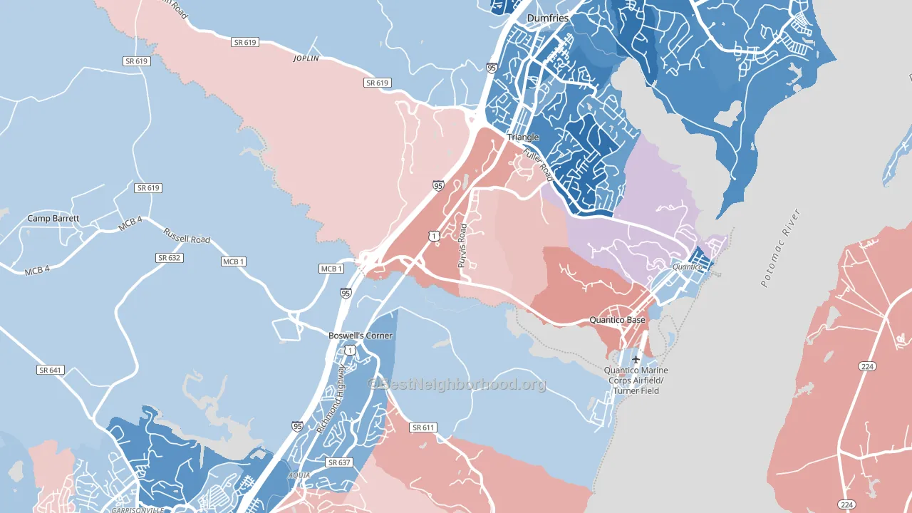 22134, VA block-group political-lean map