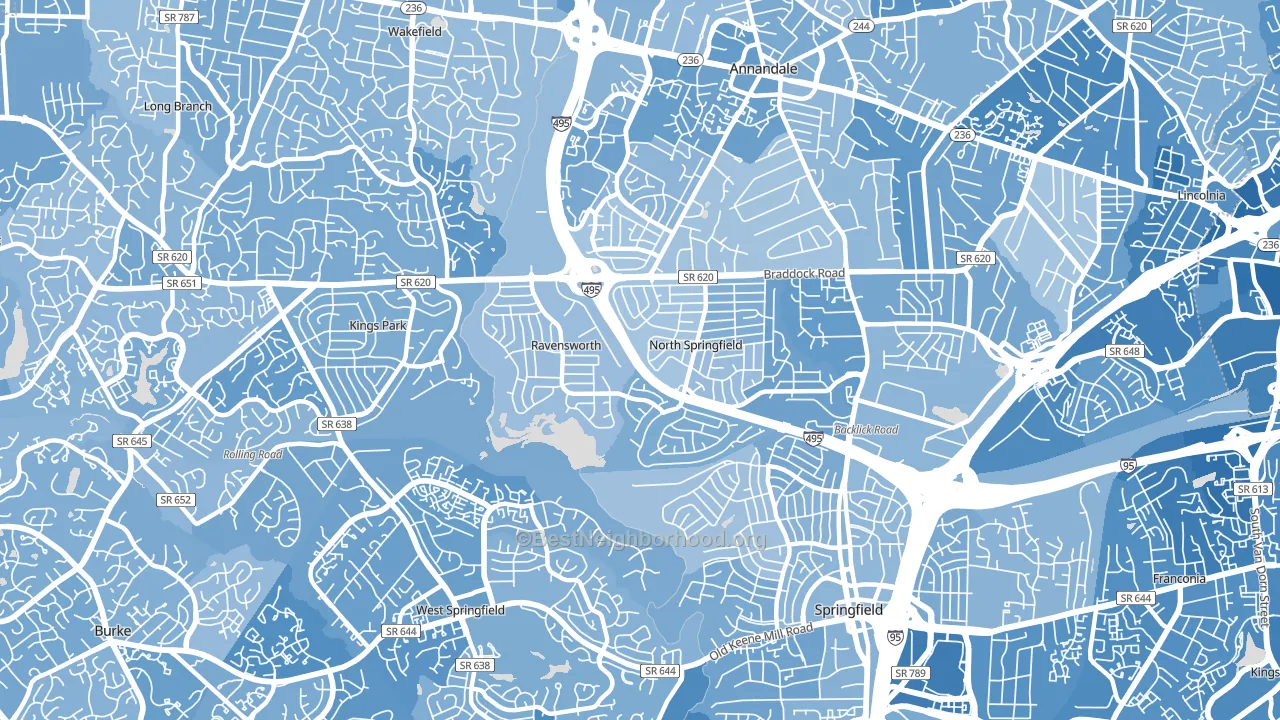 22151, VA block-group political-lean map