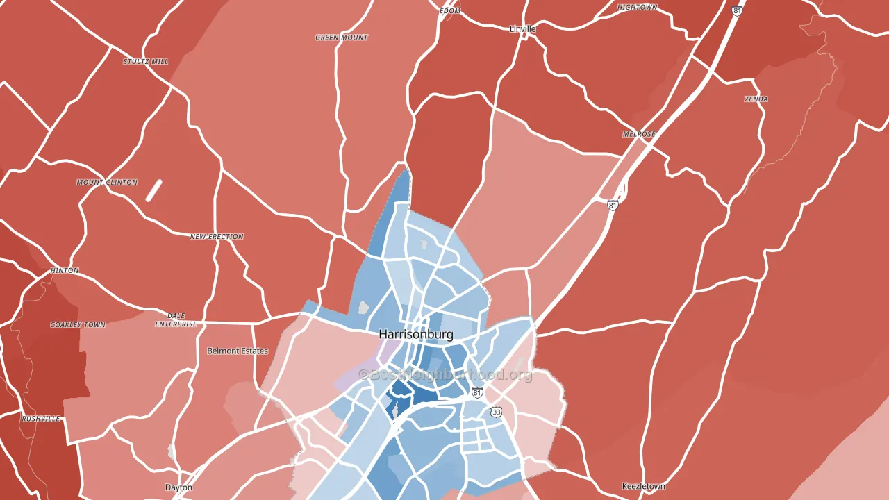 22802, VA block-group political-lean map