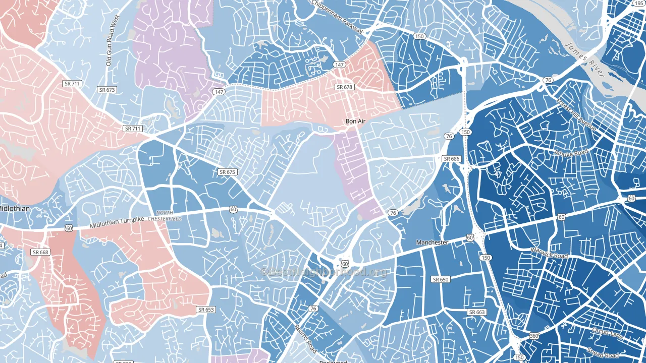 23235, VA block-group political-lean map