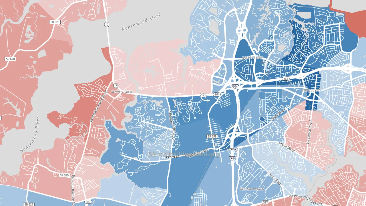 23435, VA block-group political-lean map