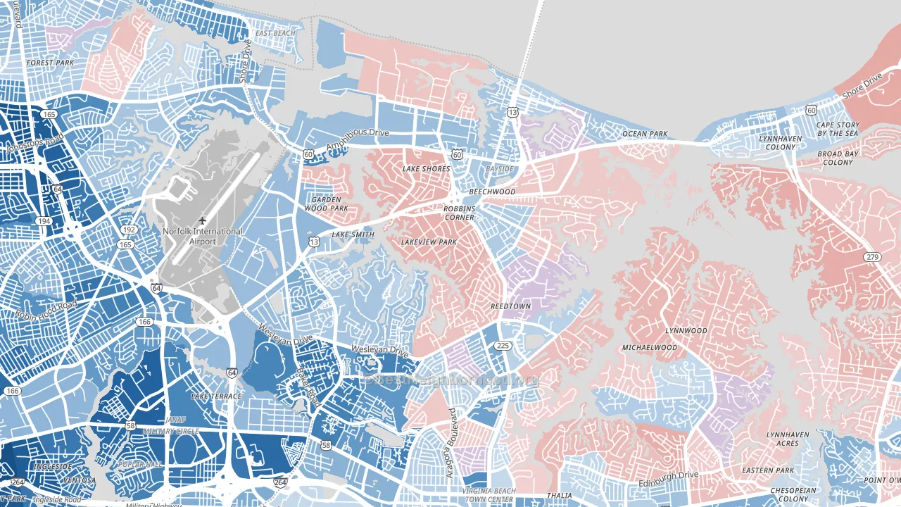23455, VA block-group political-lean map
