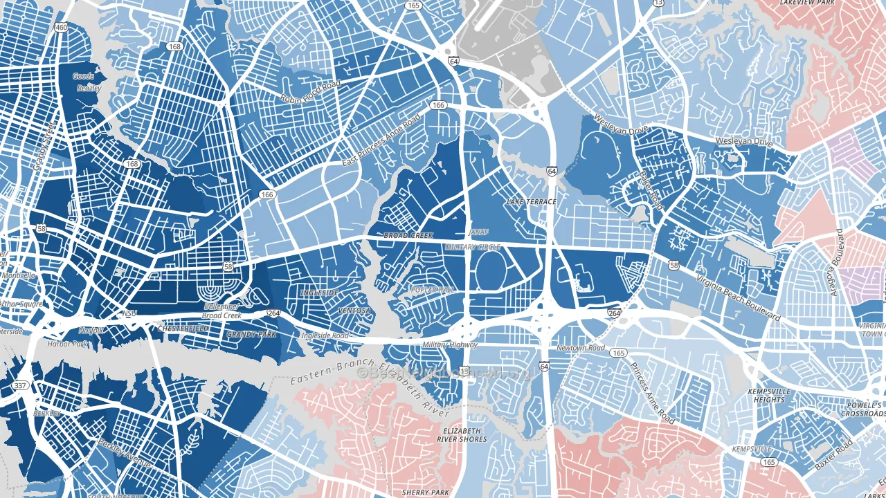 23502, VA block-group political-lean map