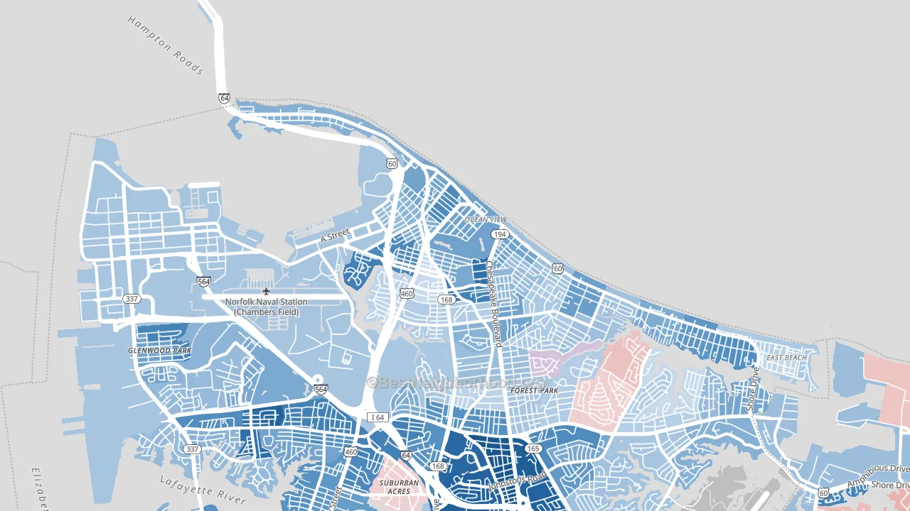 23503, VA block-group political-lean map