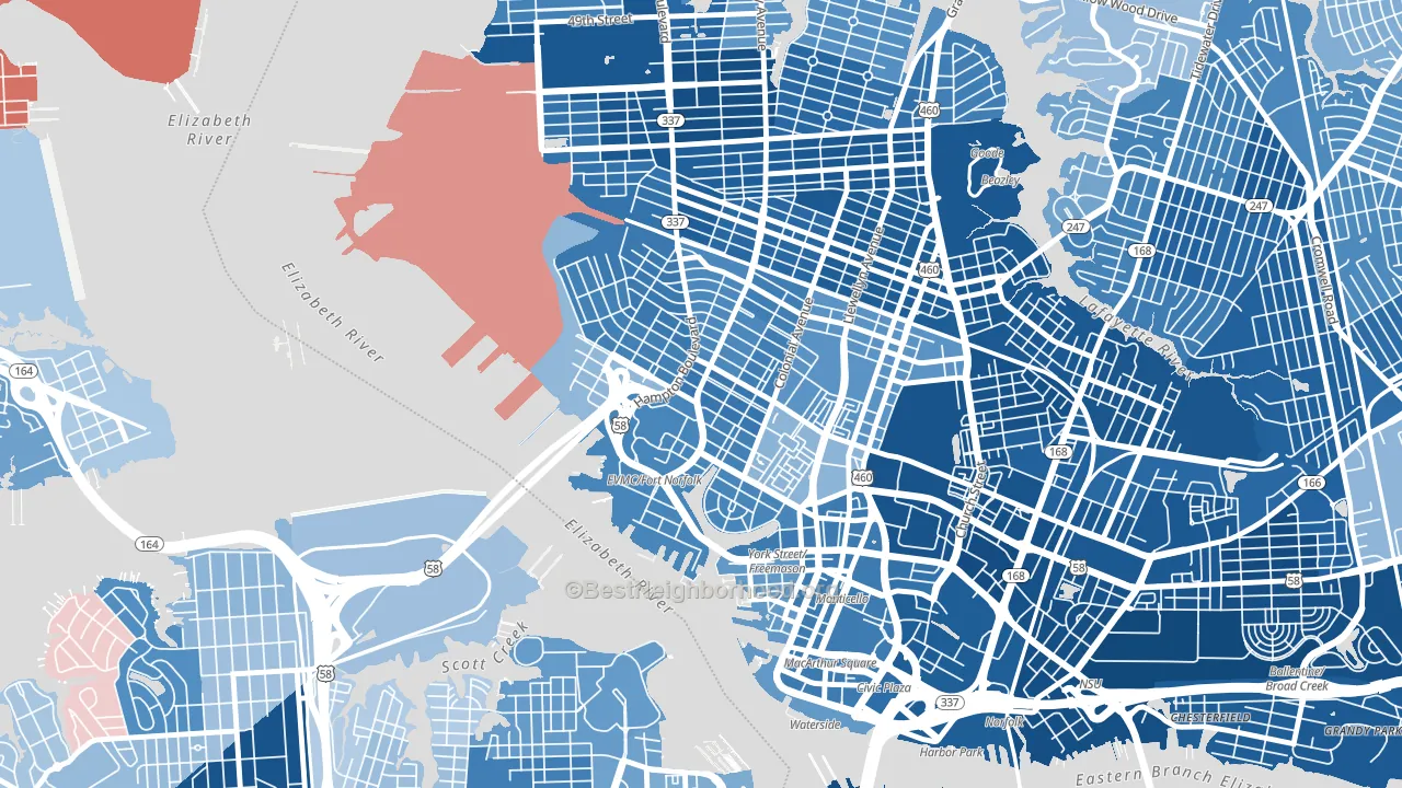 23507, VA block-group political-lean map