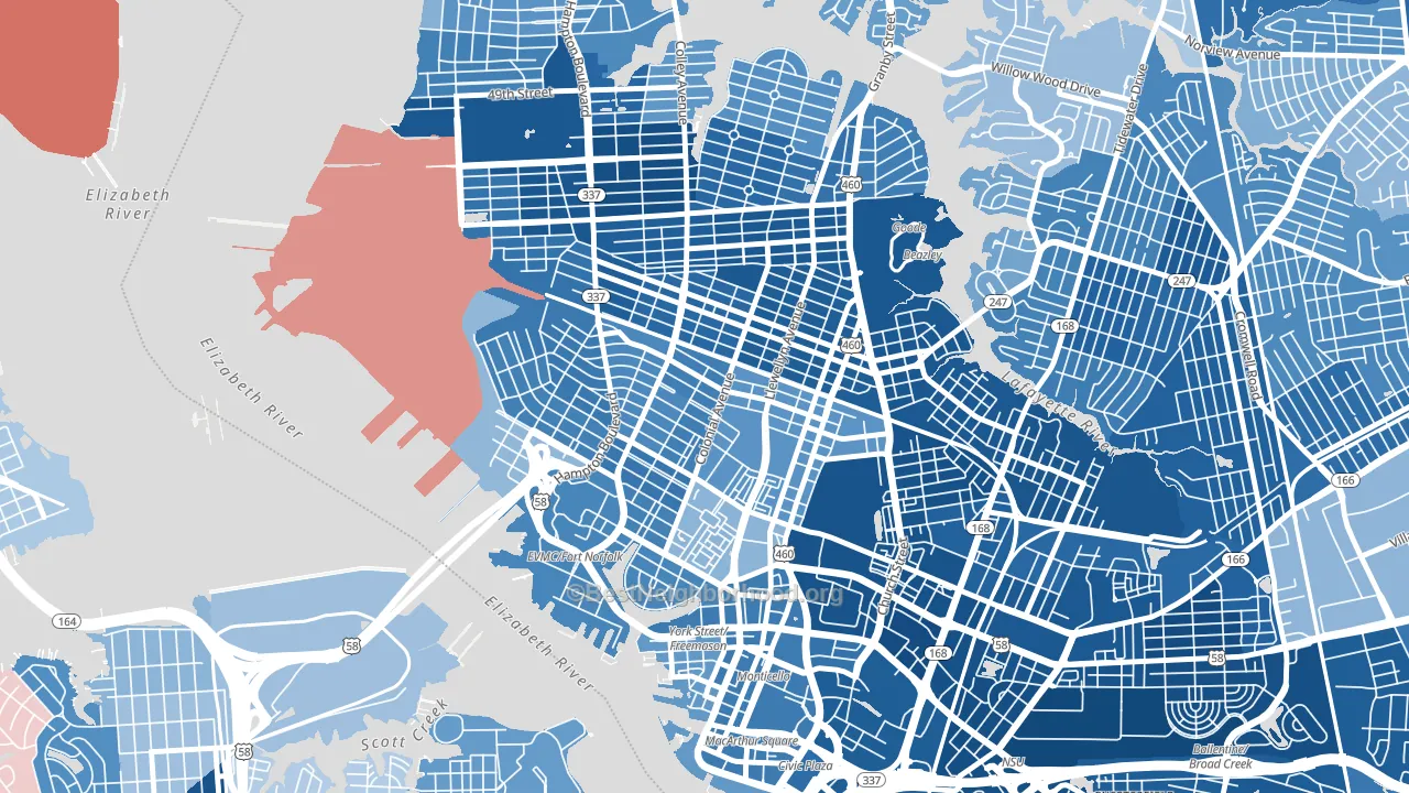 23517, VA block-group political-lean map