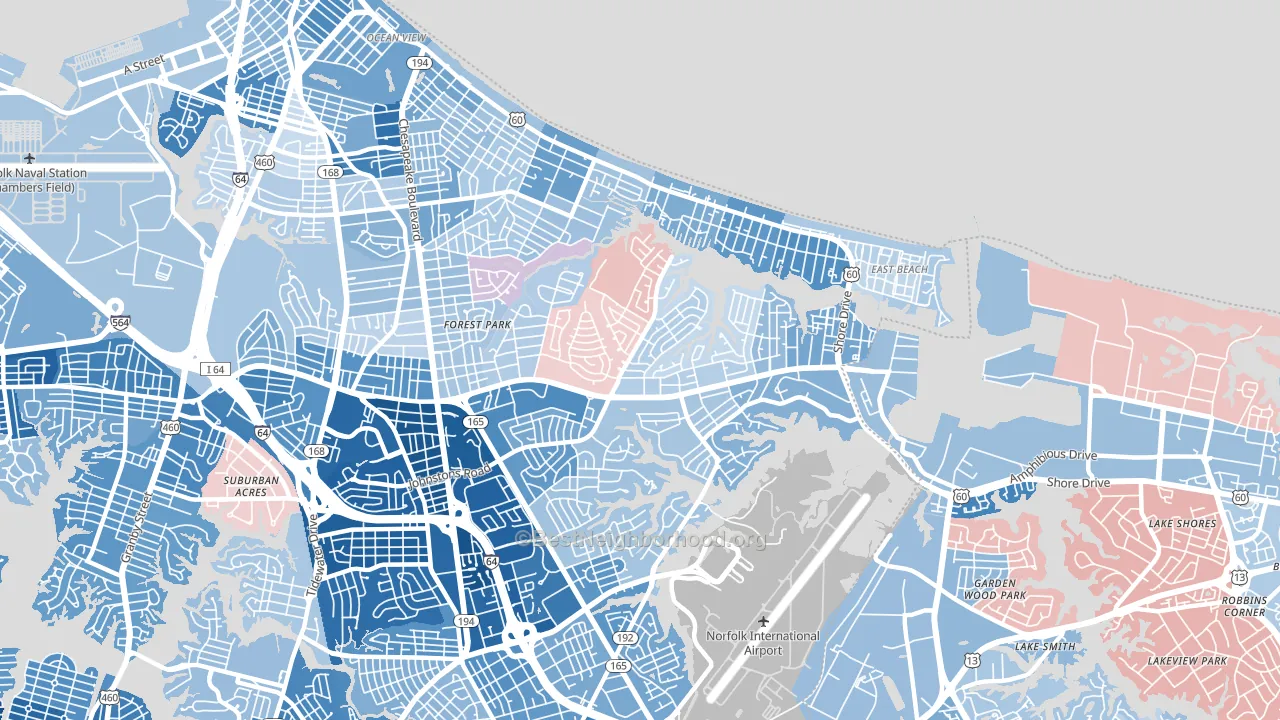 23518, VA block-group political-lean map