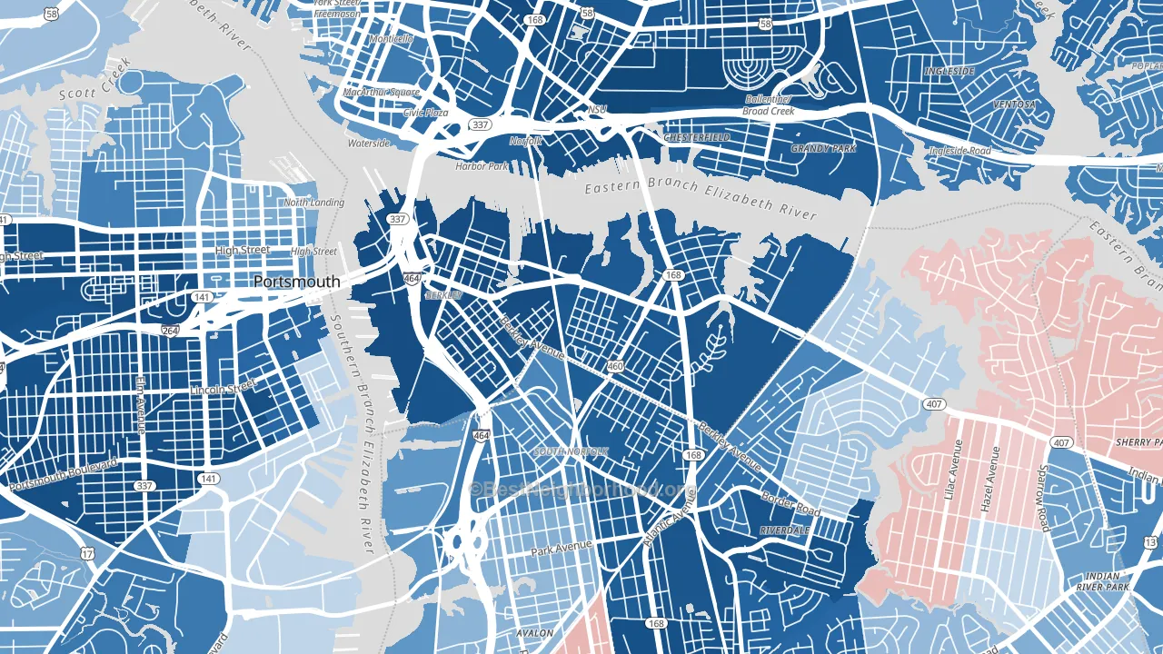 23523, VA block-group political-lean map