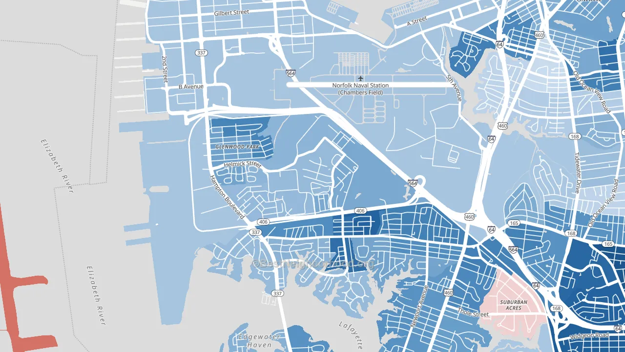 23551, VA block-group political-lean map