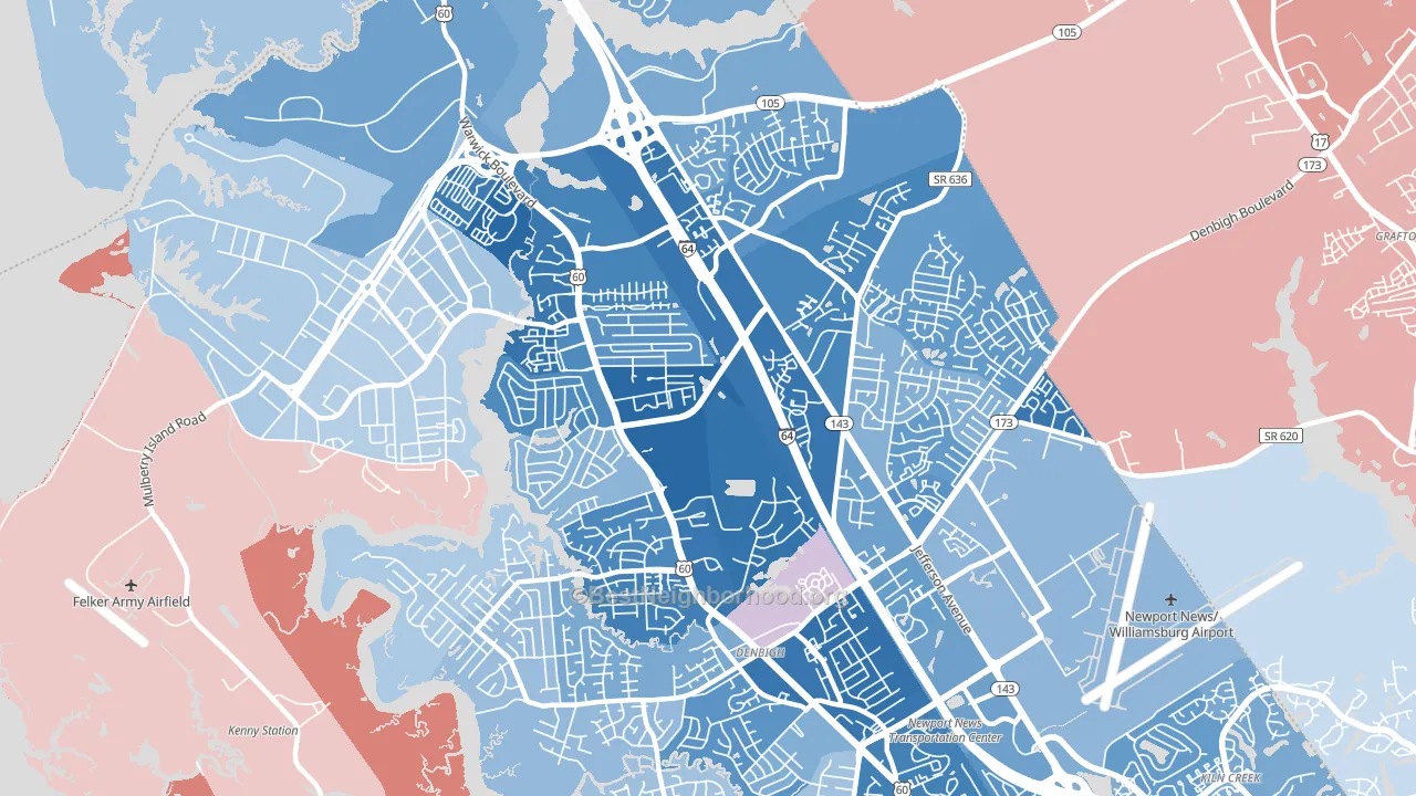 23608, VA block-group political-lean map