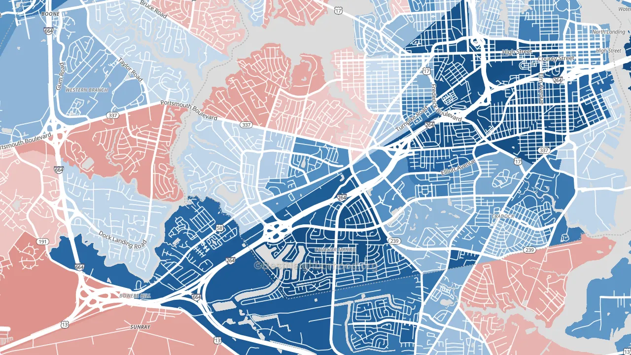 23701, VA block-group political-lean map