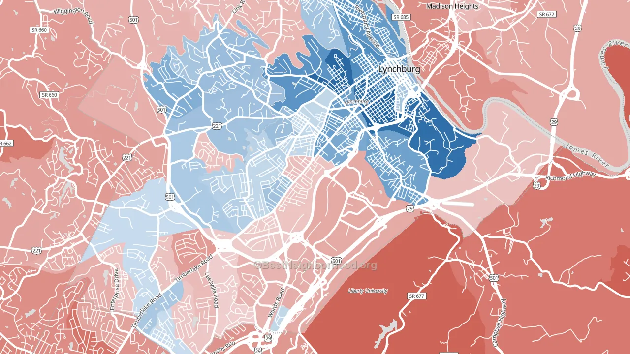 24501, VA block-group political-lean map