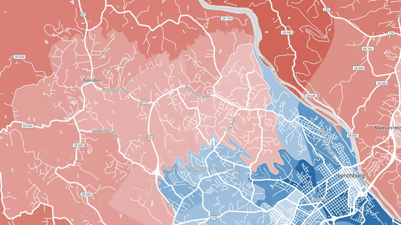 24503, VA block-group political-lean map