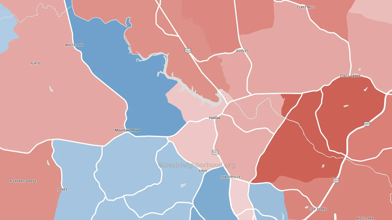 24558, VA block-group political-lean map
