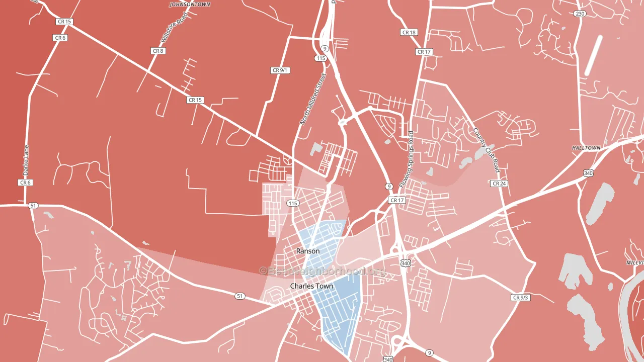 25438, WV block-group political-lean map