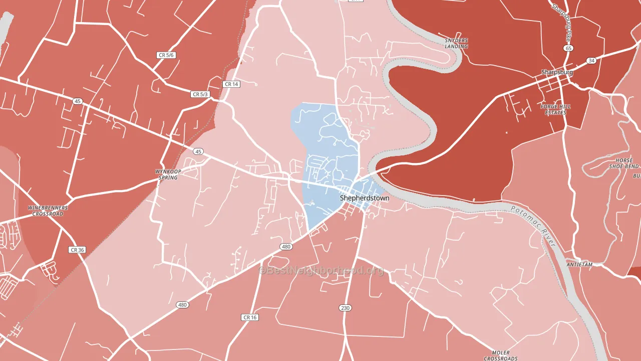 25443, WV block-group political-lean map