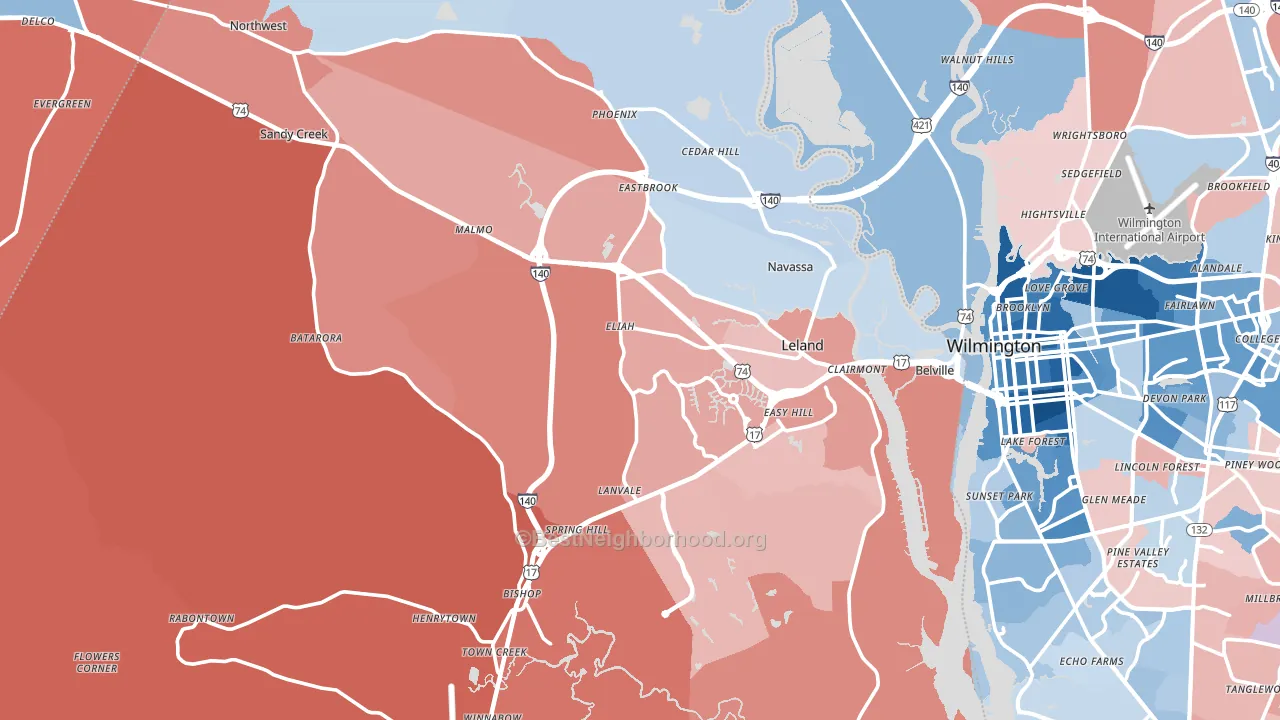 28451, NC block-group political-lean map