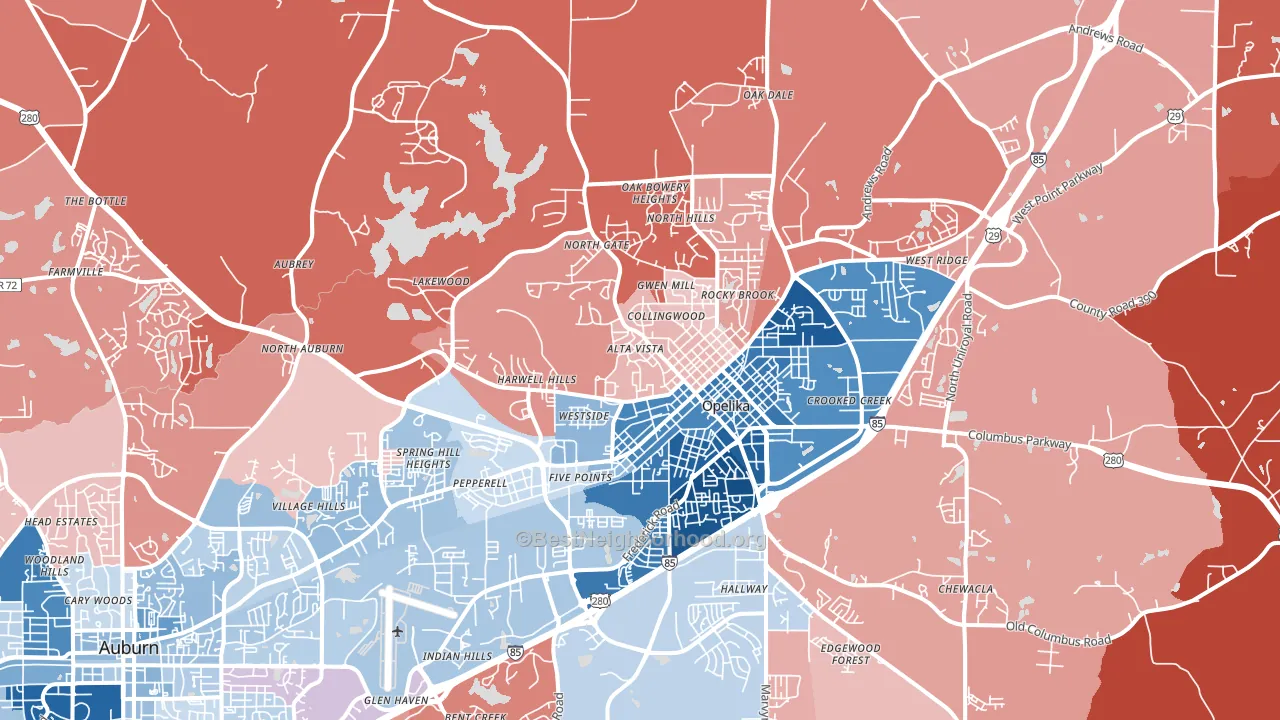 36801, AL block-group political-lean map
