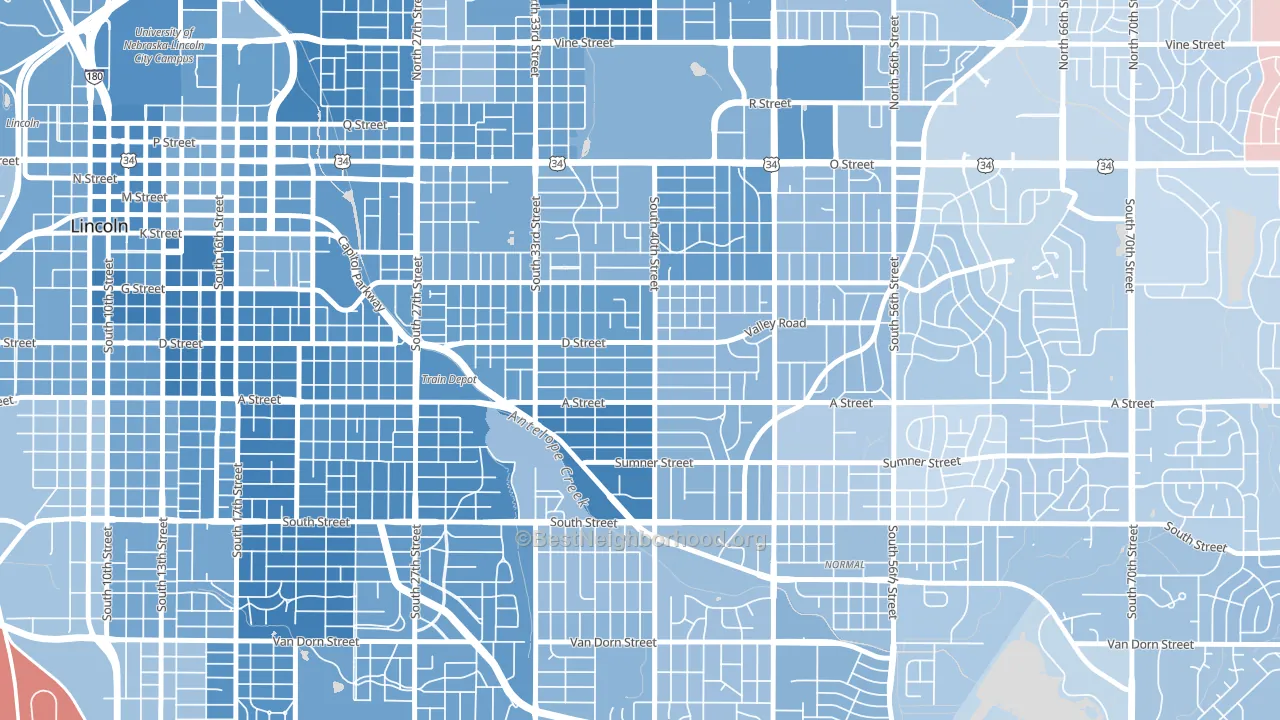 40th and A, Lincoln, NE block-group political-lean map