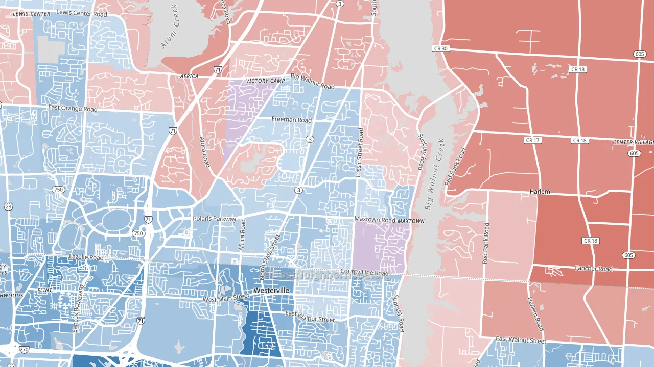 43082, OH block-group political-lean map