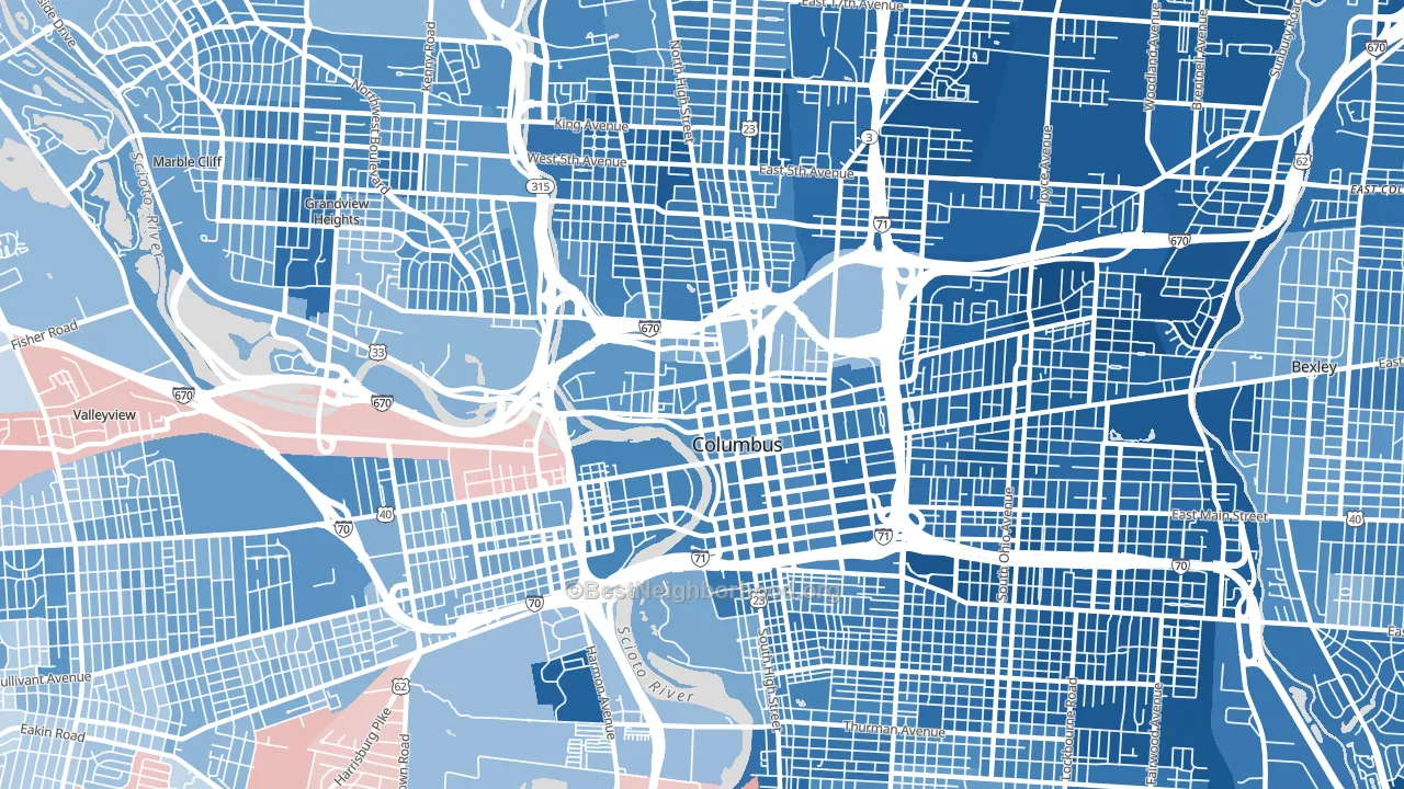 43215, OH block-group political-lean map