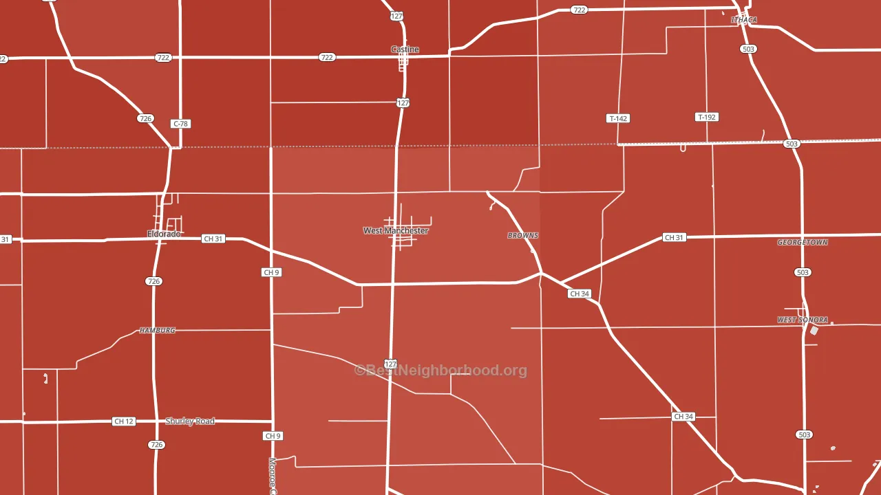 45382, OH block-group political-lean map
