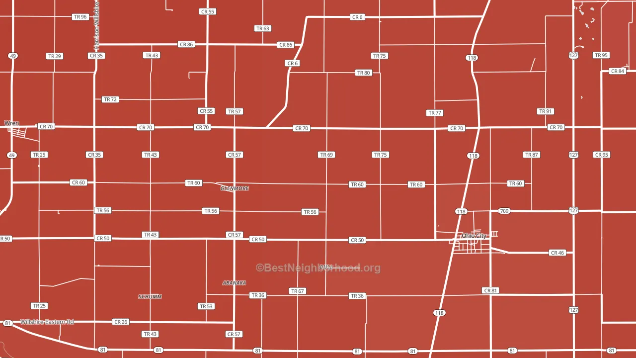 45874, OH block-group political-lean map