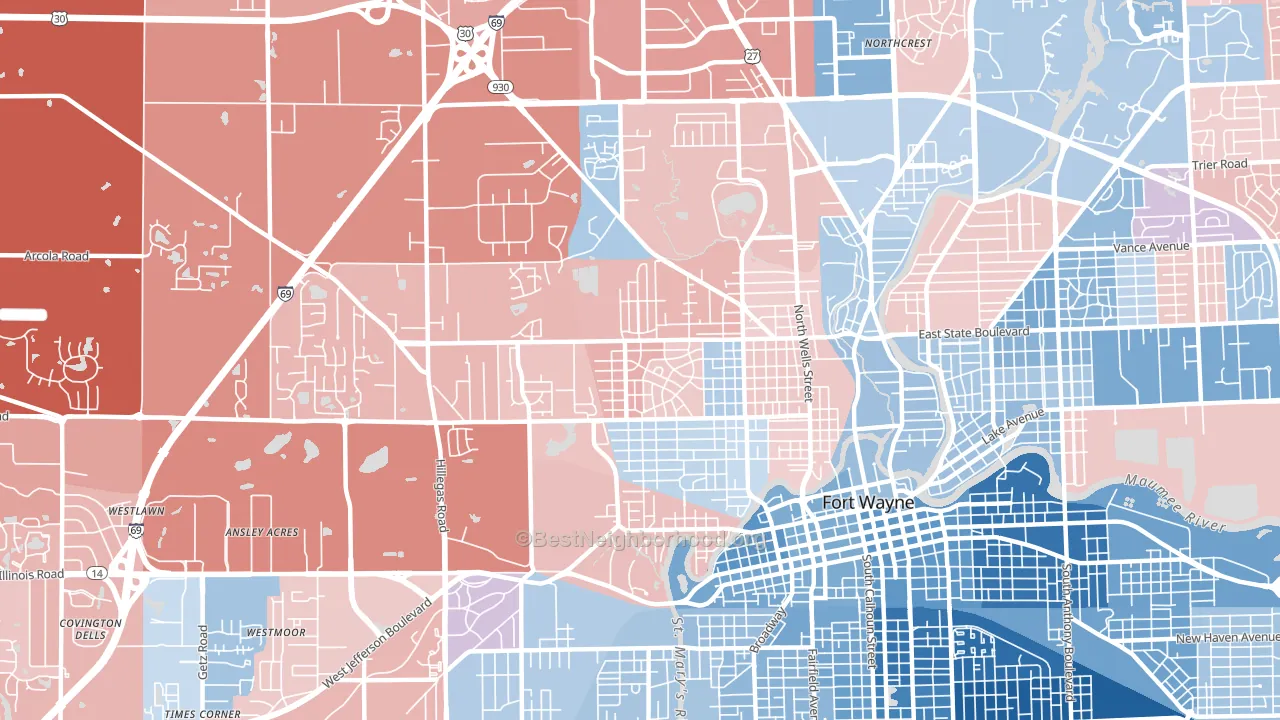 46808, IN block-group political-lean map