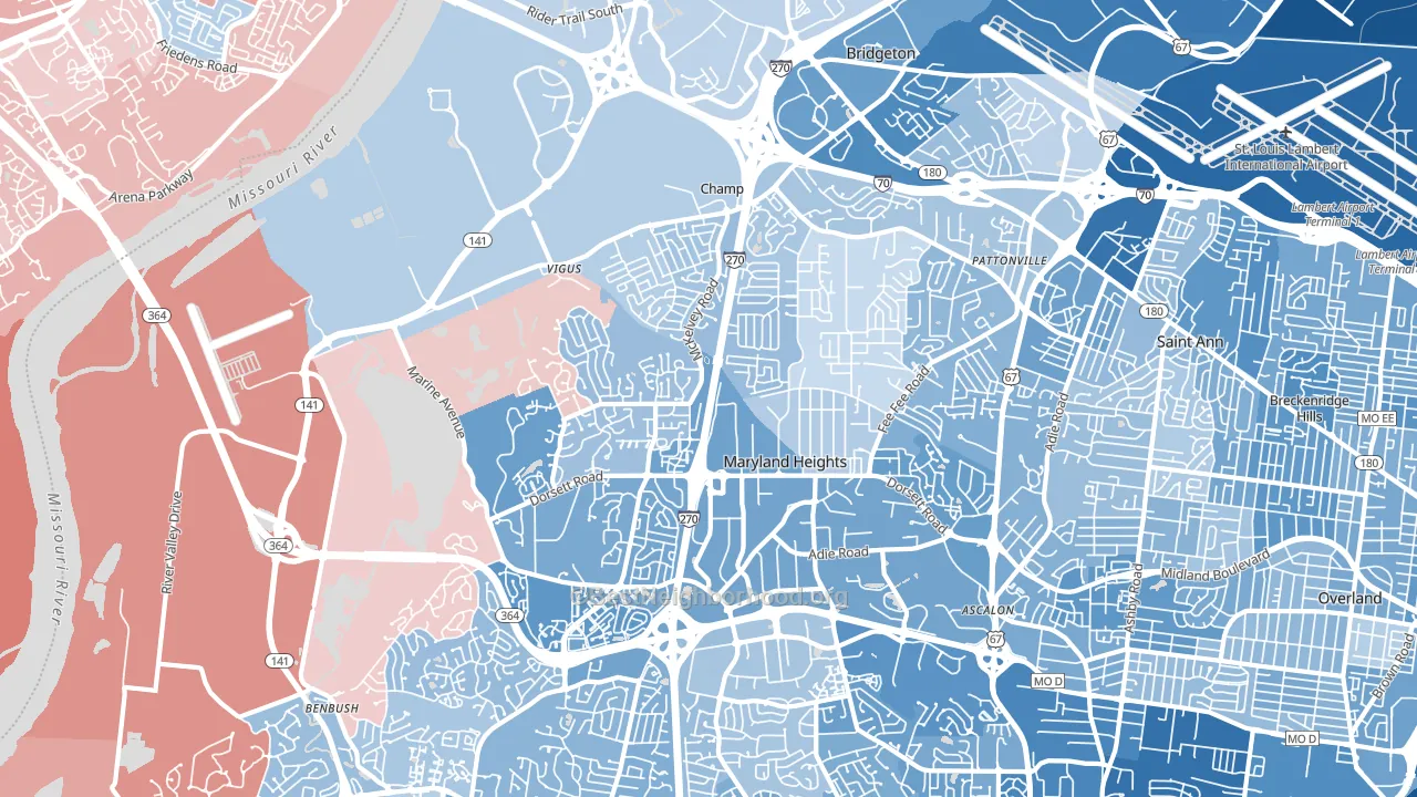 63043, MO block-group political-lean map