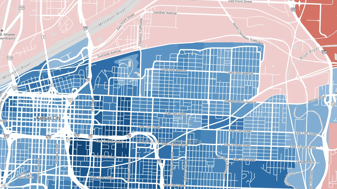 64124, MO block-group political-lean map