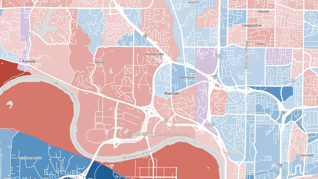 64150, MO block-group political-lean map