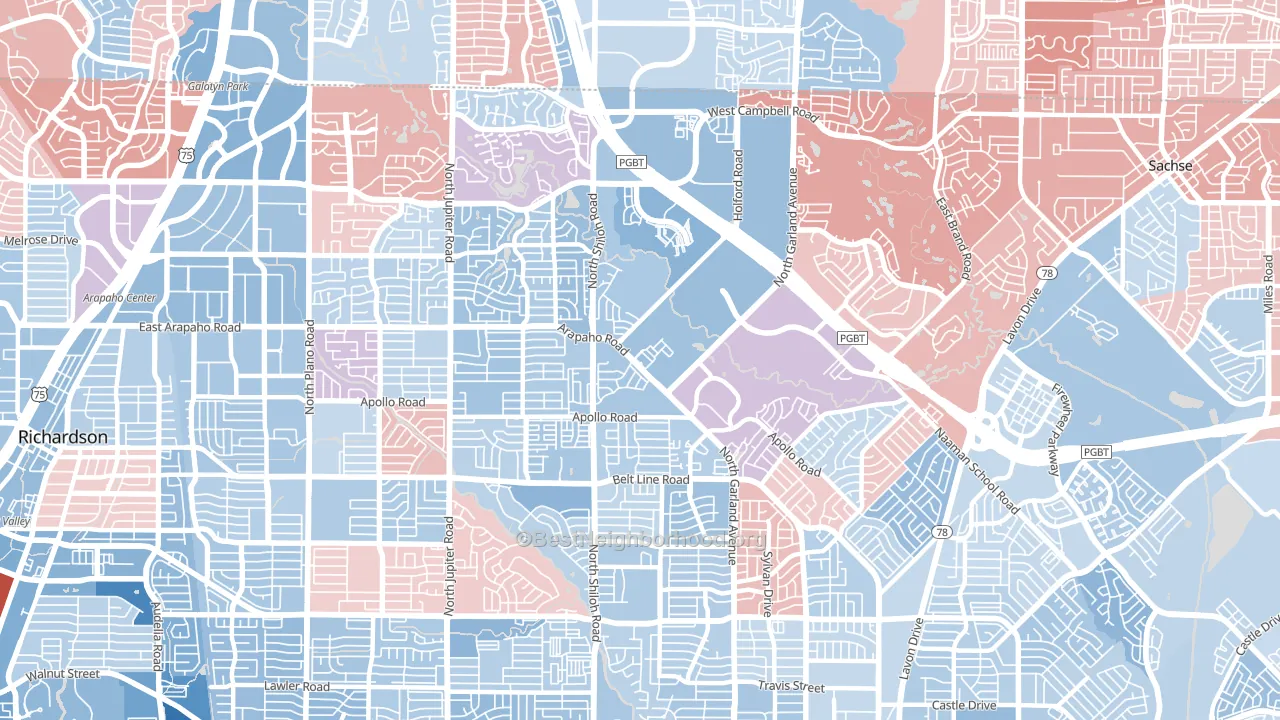 75044, TX block-group political-lean map
