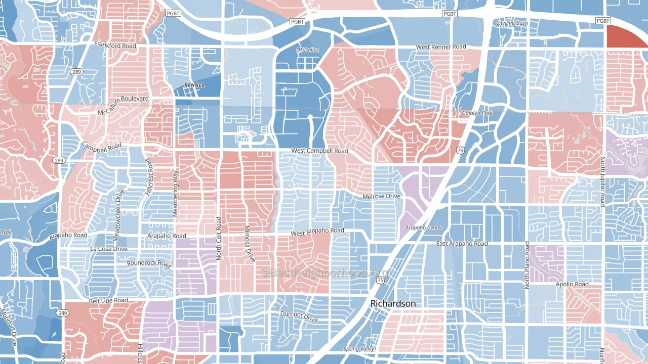 75080, TX block-group political-lean map