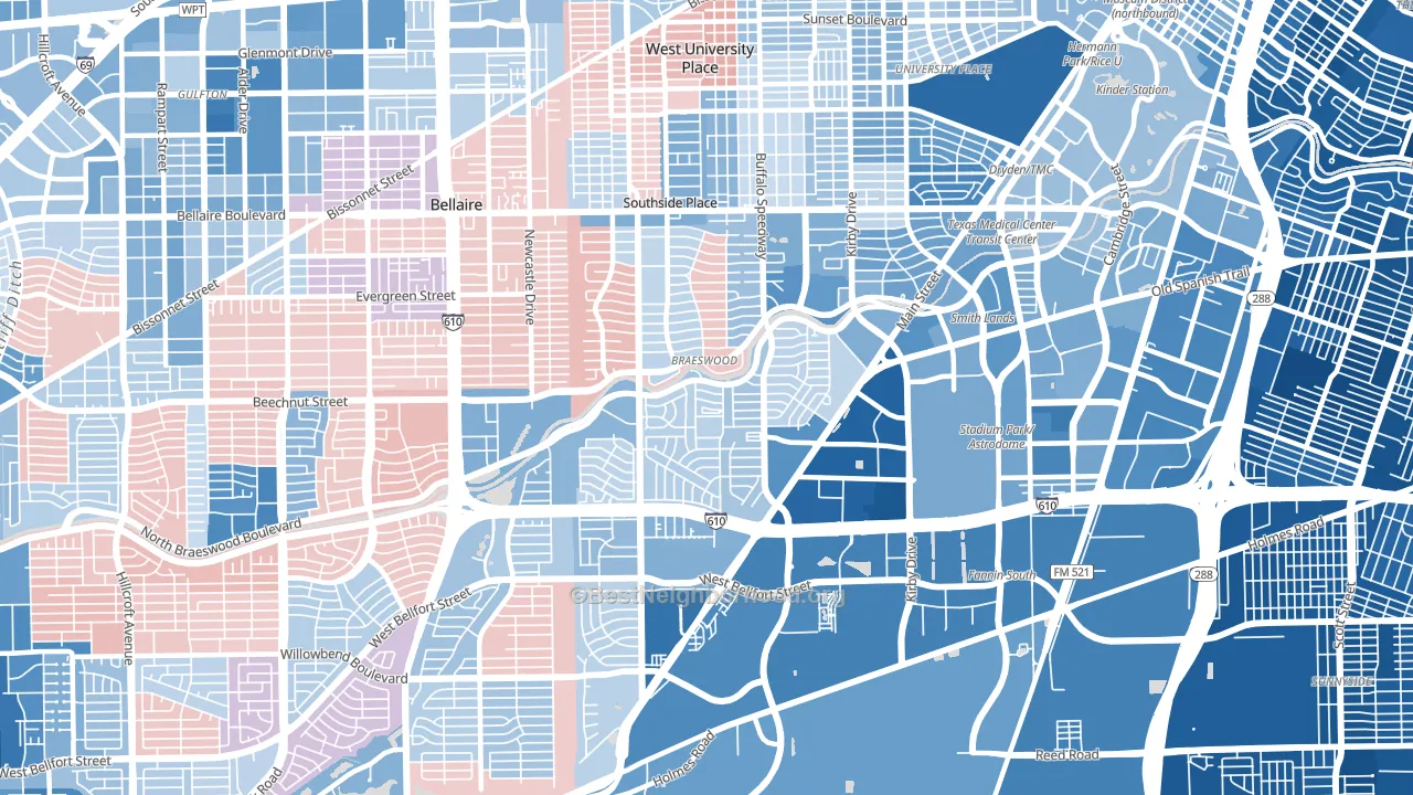 77025, TX block-group political-lean map