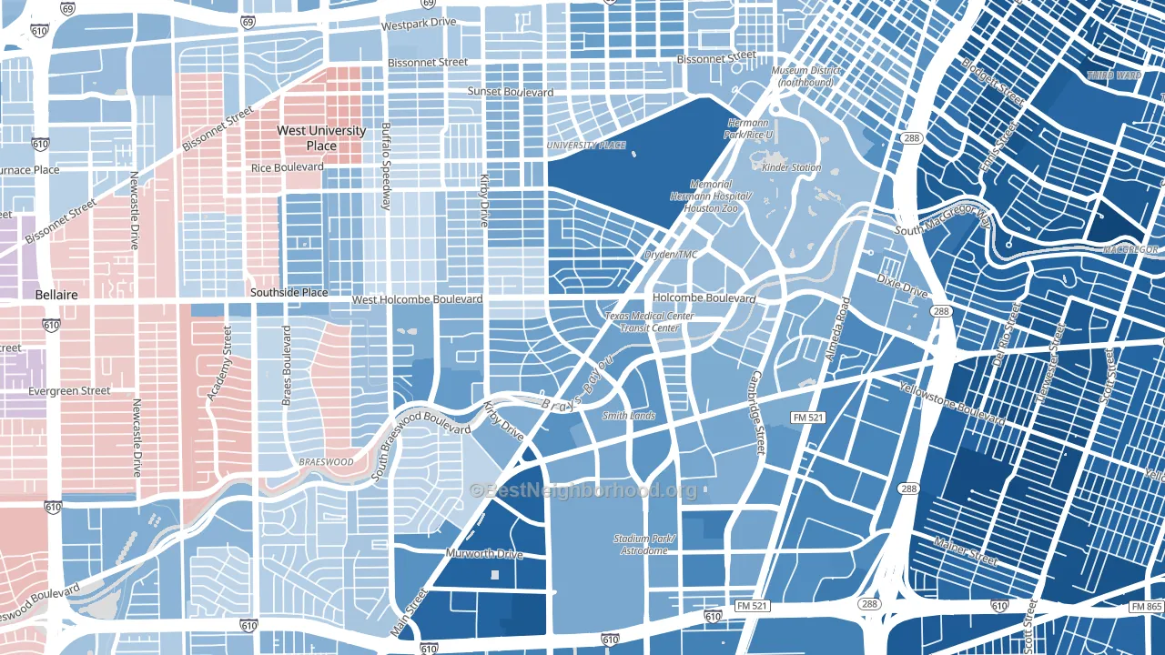 77030, TX block-group political-lean map