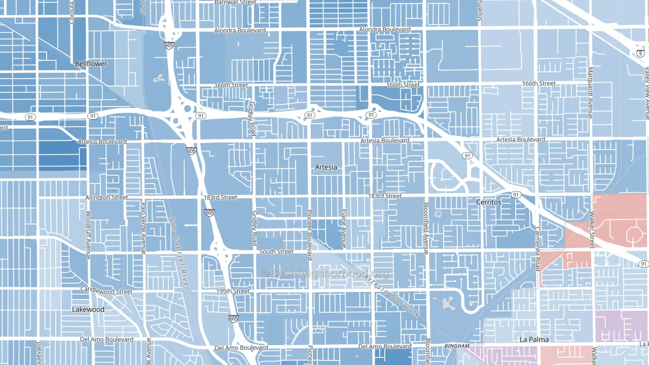 90701, CA block-group political-lean map