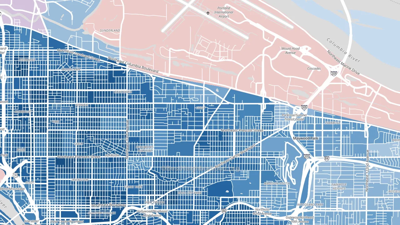 97218, OR block-group political-lean map