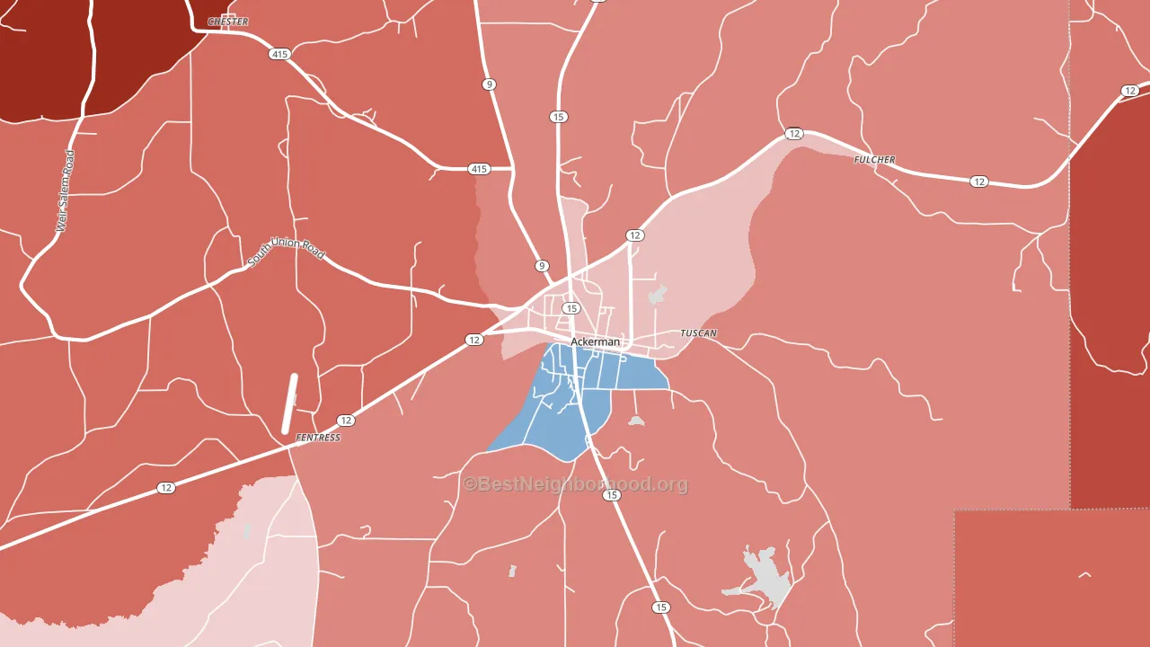 Ackerman, MS block-group political-lean map