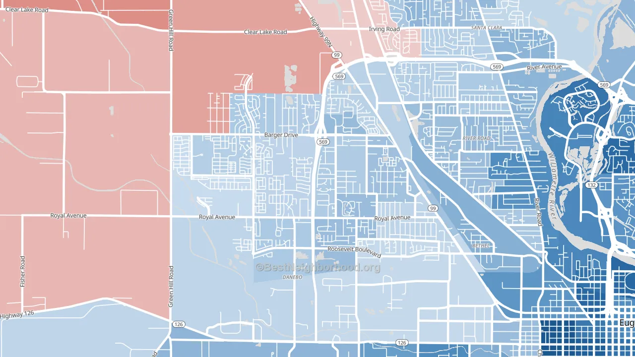 Active Bethel, Eugene, OR block-group political-lean map