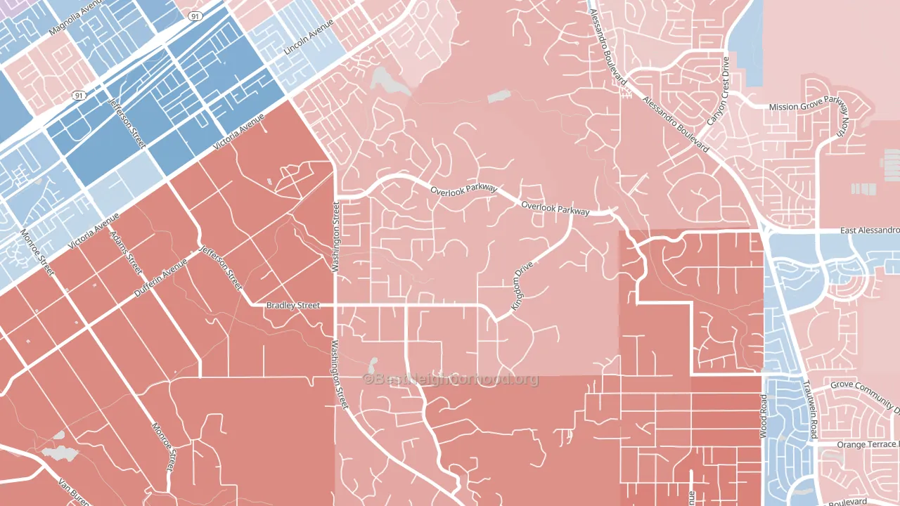 Alessandro Heights, Riverside, CA block-group political-lean map