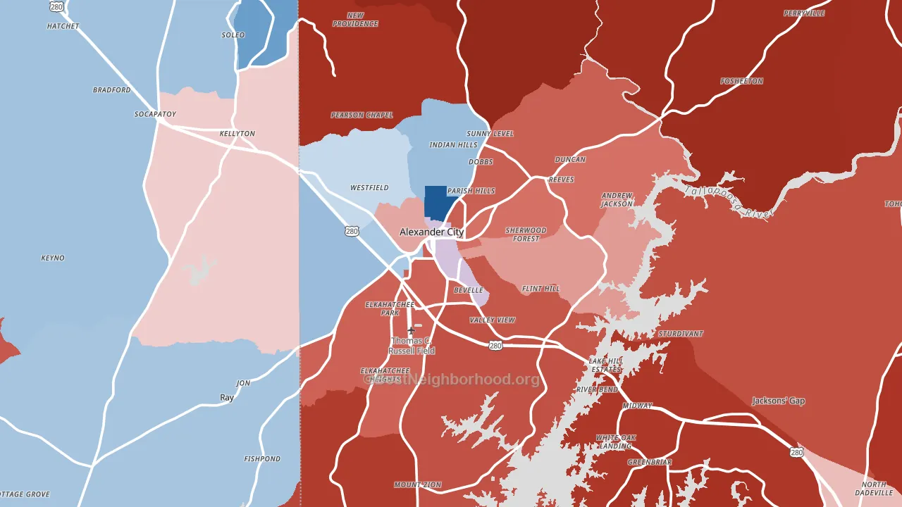 Alexander City, AL block-group political-lean map