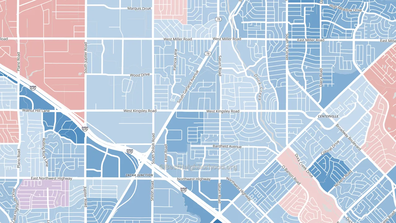 Almeta-Bonita-Bella Vista, Garland, TX block-group political-lean map