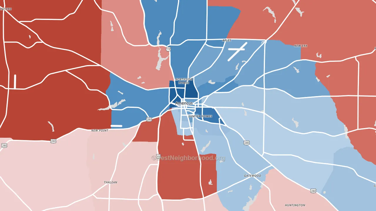 Americus, GA block-group political-lean map
